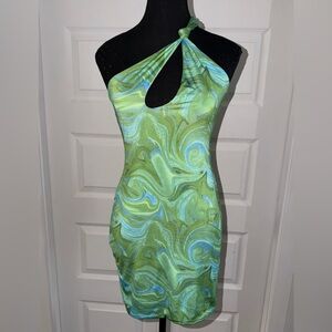 PrettyLittleThing One Shoulder Green Swirl Halter Dress